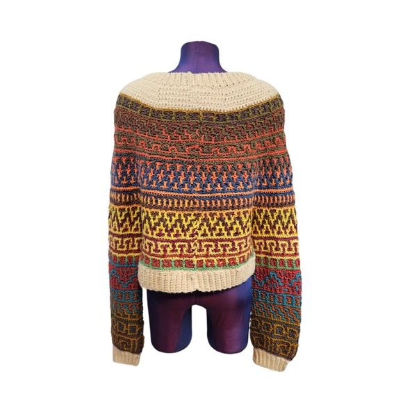 Handmade Crochet Mosaic Sweater Multi Color Geometric Boho Chunky Knit Pullover - Picture 5 of 6